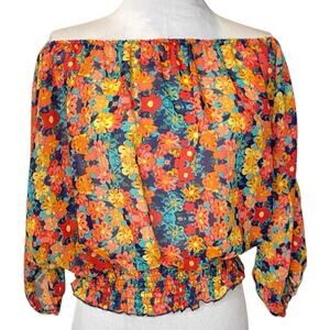 Sheer Floral Crop Top Womens S Rainbow‎ Boho Peasant Cottagecore Coquette Summer